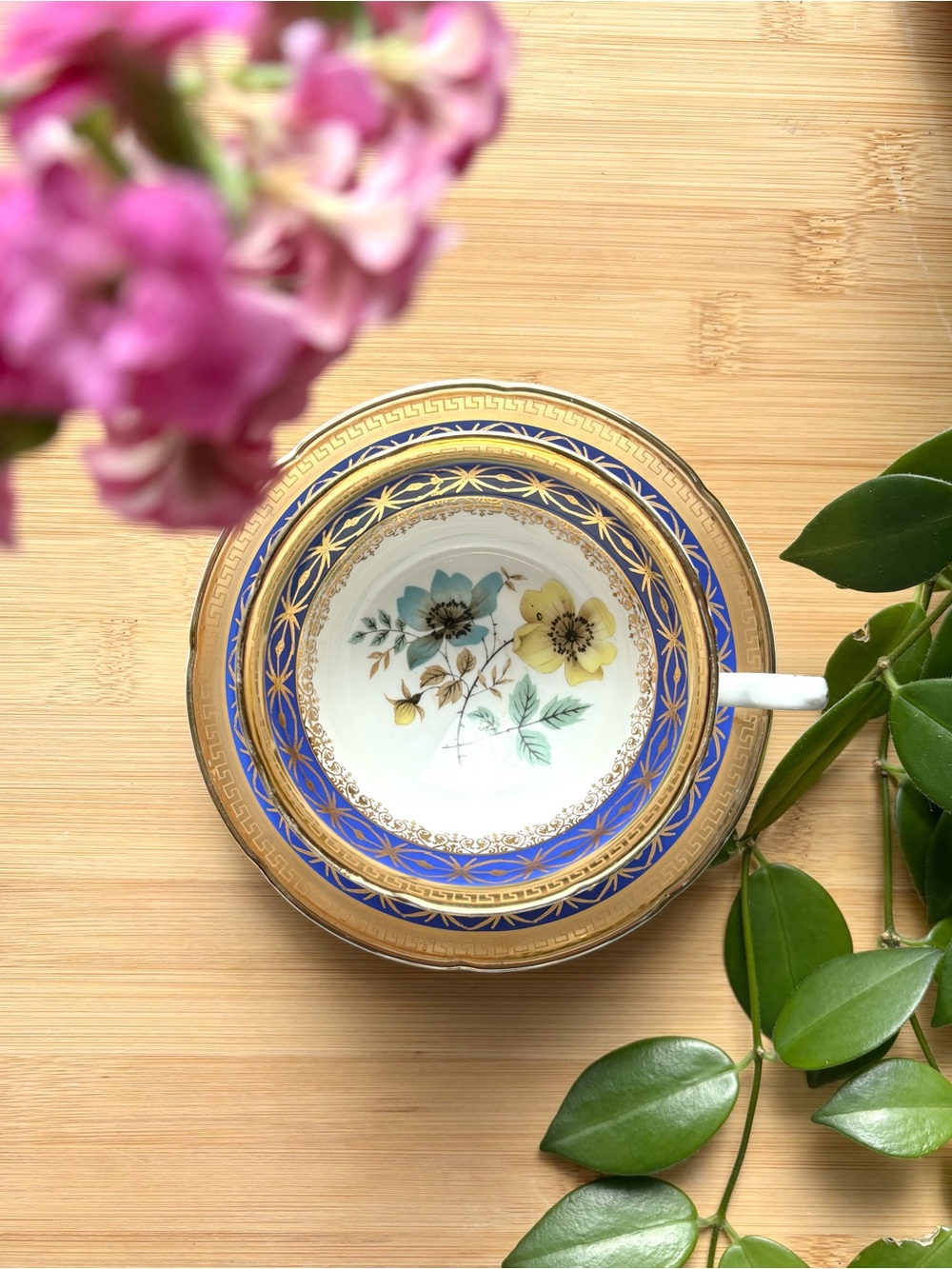 Vintage Royal Grafton Blue and Gold Floral Bone China Teacup and matching saucer